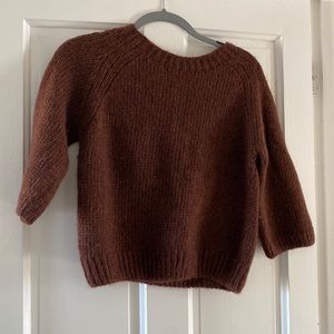 Cropped Toast angora blend, 3/4 sleeves, chestnut with metallic gold thread